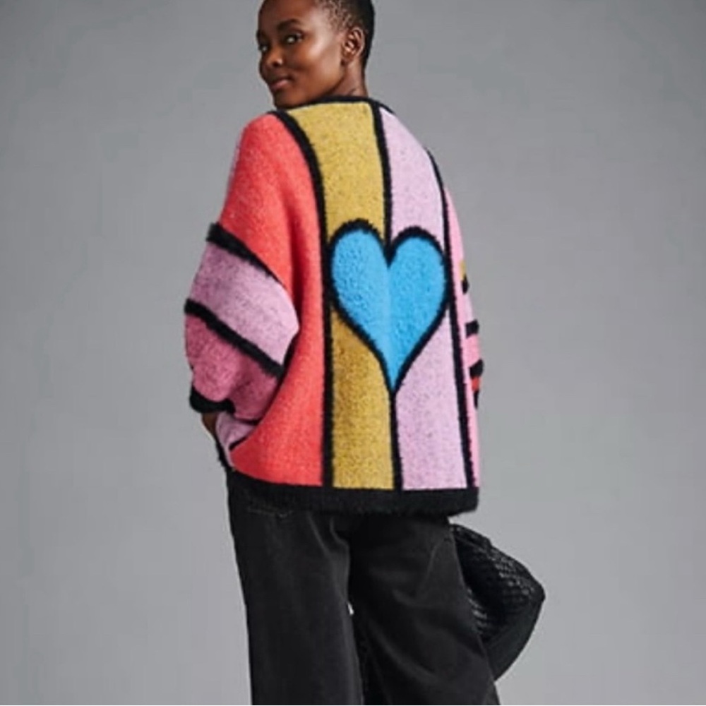 EUC- Bel Kazan Anthropologie Graphic Heart Kimono  Cardi Sweater One Size